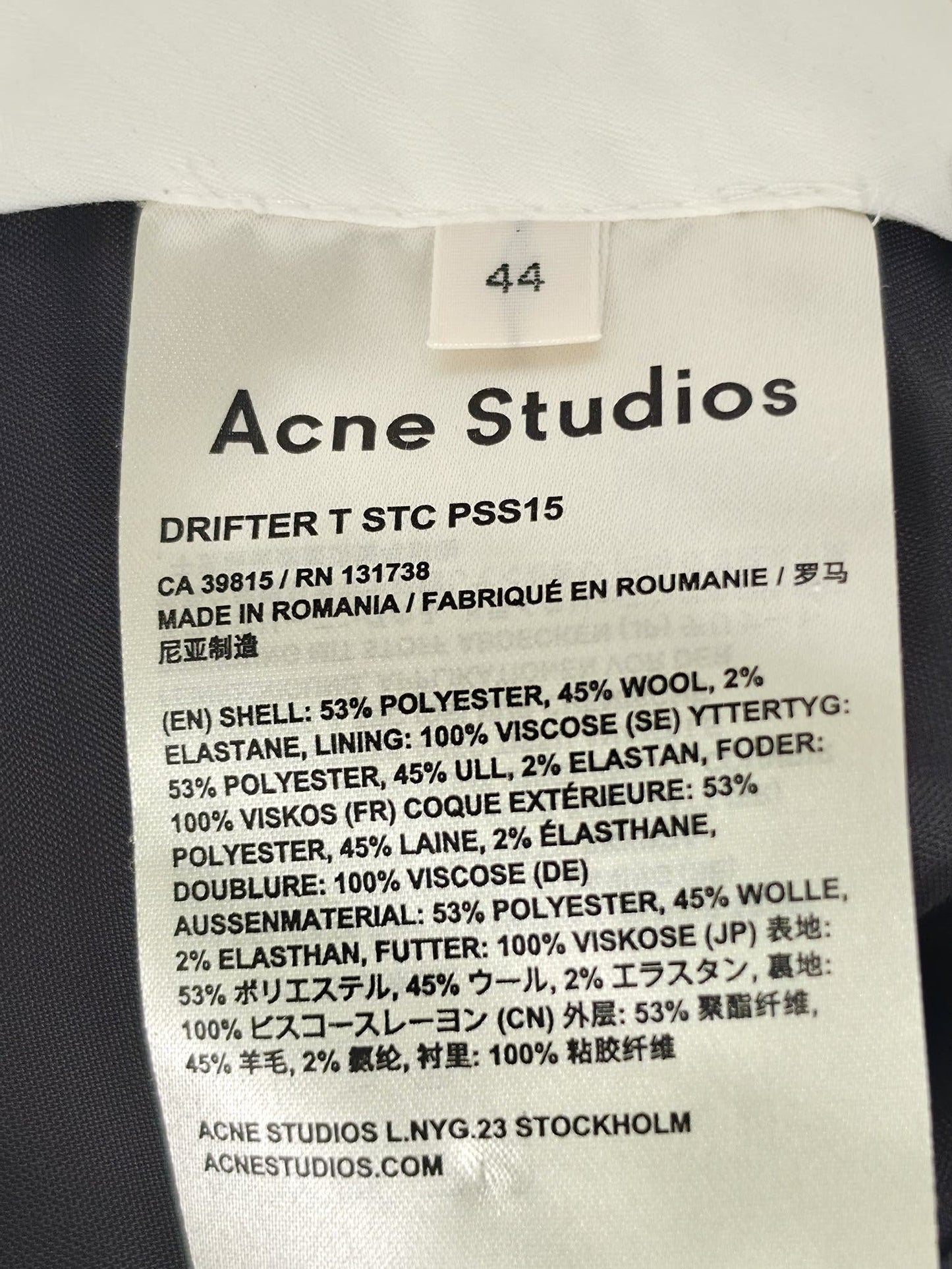 ACNE STUDIOS Drifter T Trousers Pants Size 44 Grey Wool Blend Premium Modern