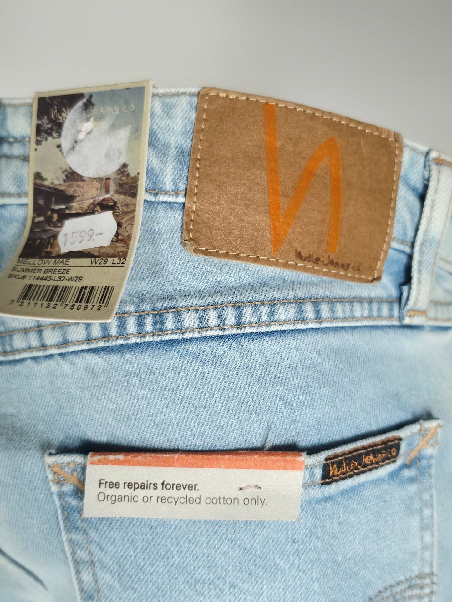 NUDIE JEANS Mellow Mae Summer Breeze Slim Size W29 L32 Light Blue Stretch NWT