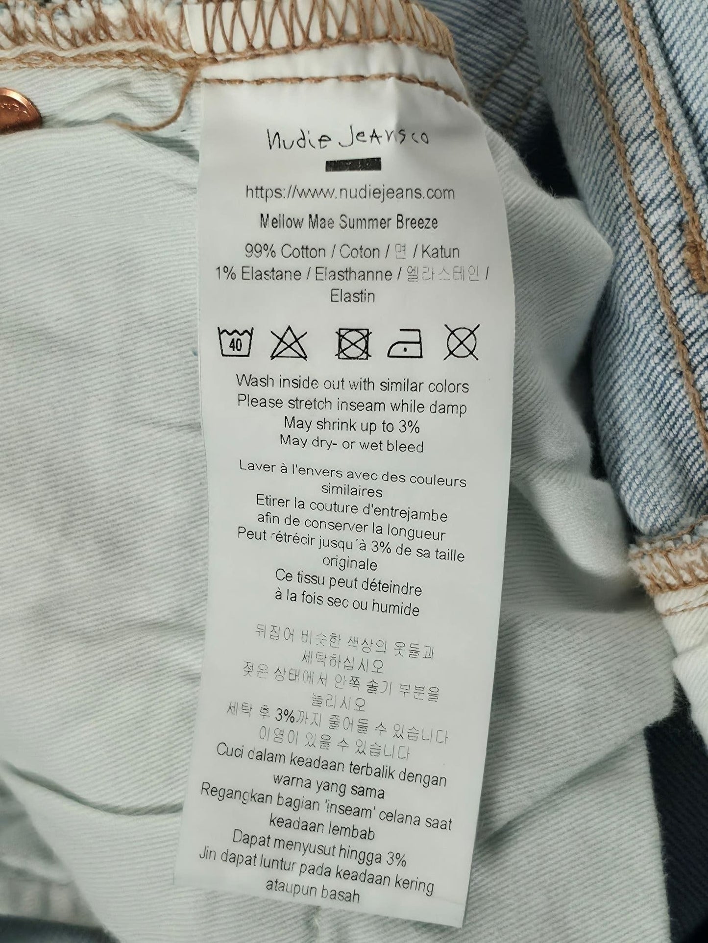 NUDIE JEANS Mellow Mae Summer Breeze Slim Size W29 L32 Light Blue Stretch NWT
