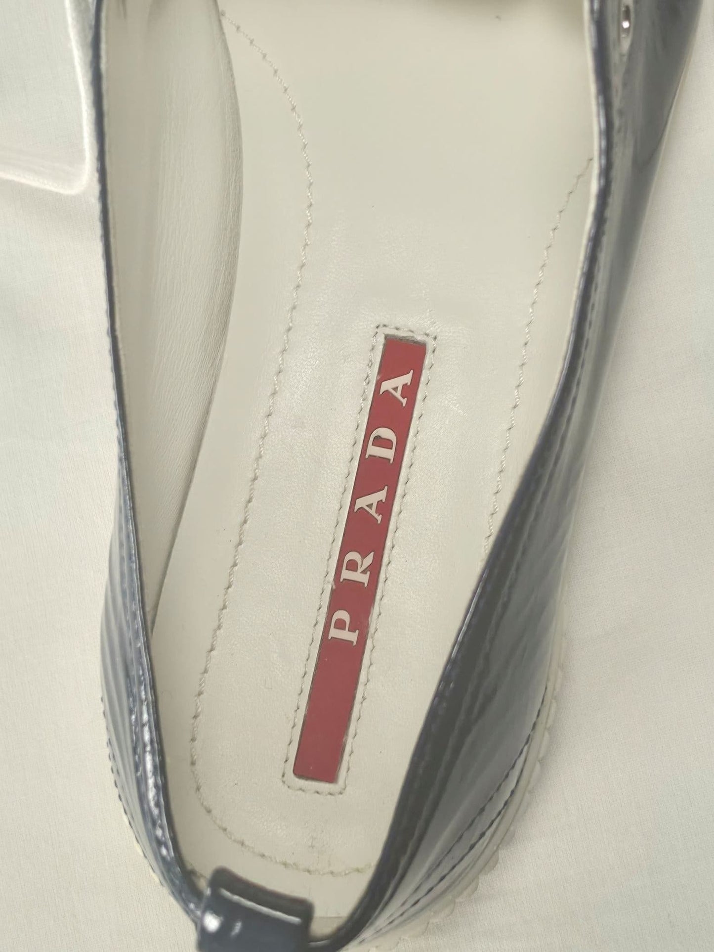 PRADA Linea Rossa Patent Leather Sneakers Size 41 Navy Blue Luxury
