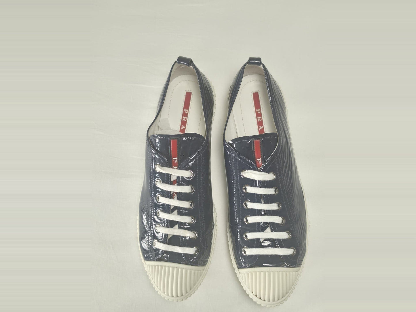 PRADA Linea Rossa Patent Leather Sneakers Size 41 Navy Blue Luxury