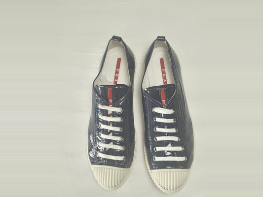 PRADA Linea Rossa Patent Leather Sneakers Size 41 Navy Blue Luxury