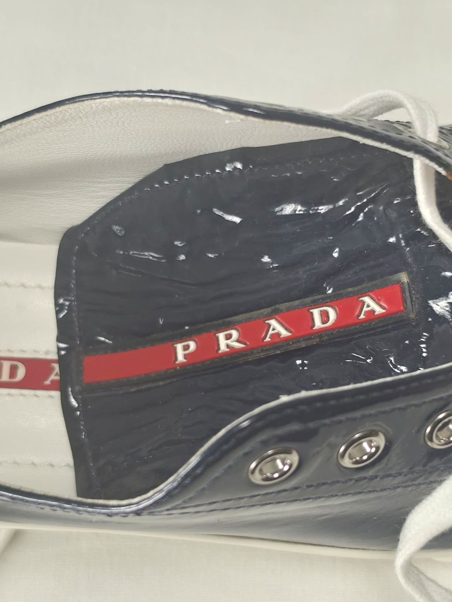 PRADA Linea Rossa Patent Leather Sneakers Size 41 Navy Blue Luxury