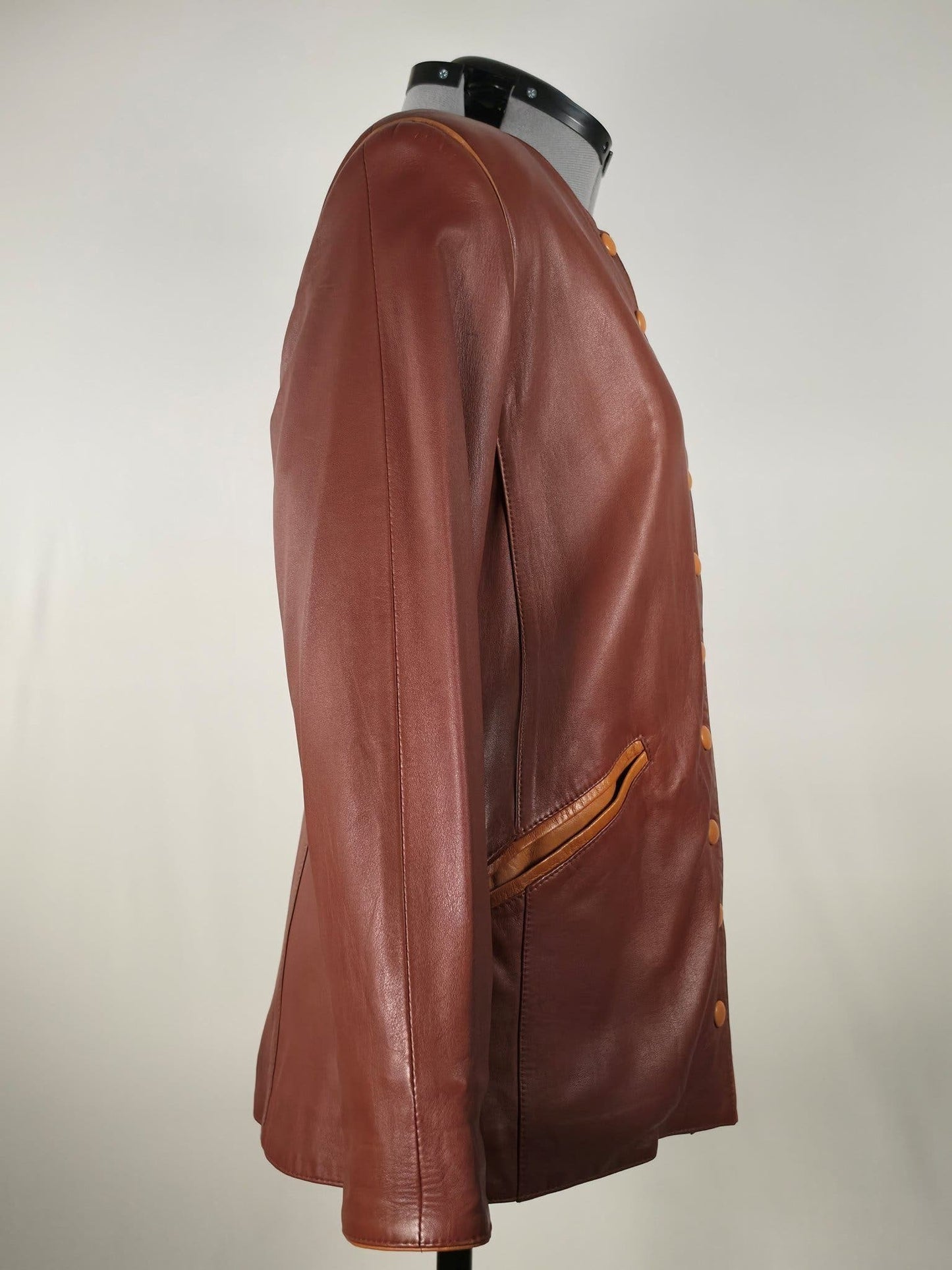 VINTAGE Brown Genuine Leather Jacket Collarless Luxury Coat Soft Nappa Size L 40