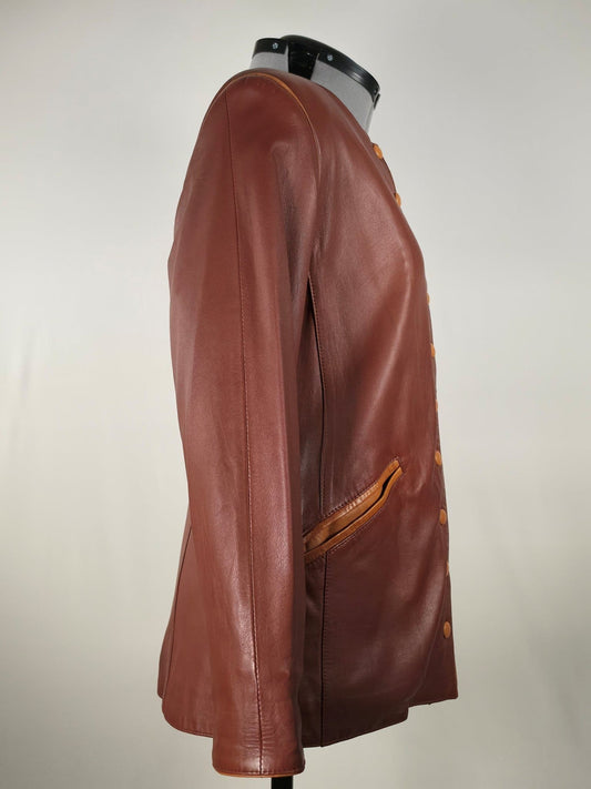 VINTAGE Brown Genuine Leather Jacket Collarless Luxury Coat Soft Nappa Size L 40