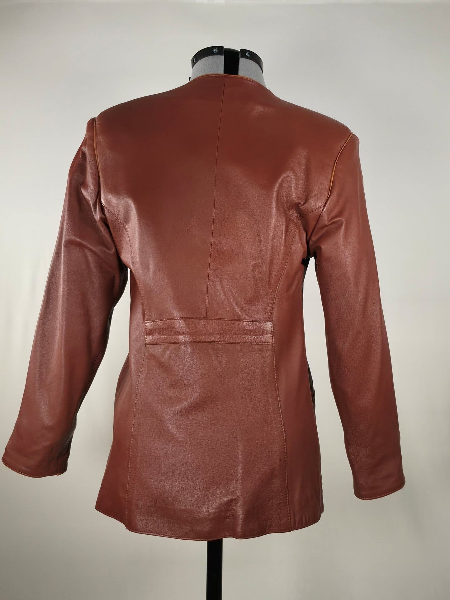 VINTAGE Brown Genuine Leather Jacket Collarless Luxury Coat Soft Nappa Size L 40