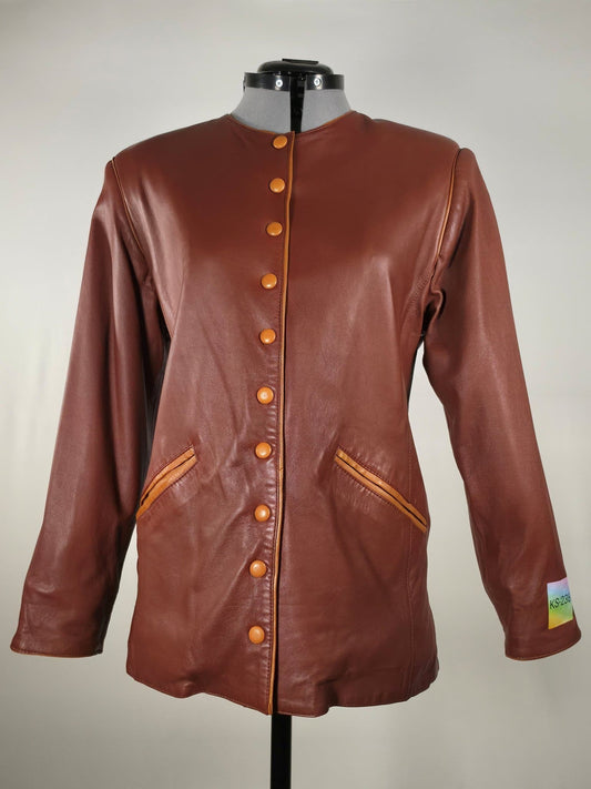 VINTAGE Brown Genuine Leather Jacket Collarless Luxury Coat Soft Nappa Size L 40