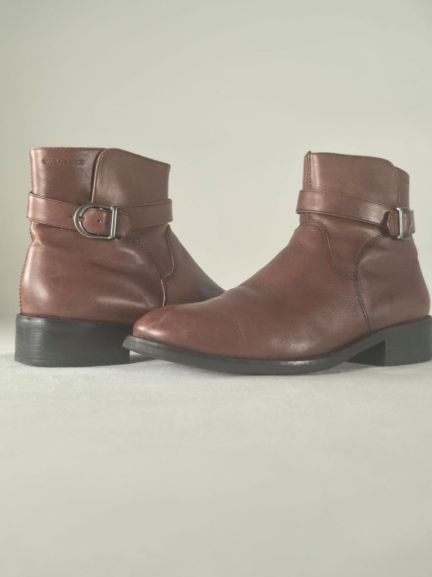 VAGABOND Leather Ankle Boots Size 37 Brown Buckle Zipped Premium Shoes Vintage