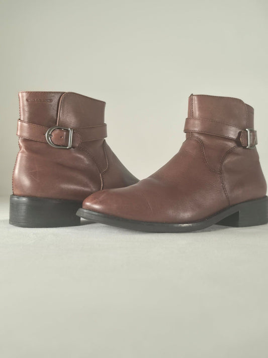 VAGABOND Leather Ankle Boots Size 37 Brown Buckle Zipped Premium Shoes Vintage