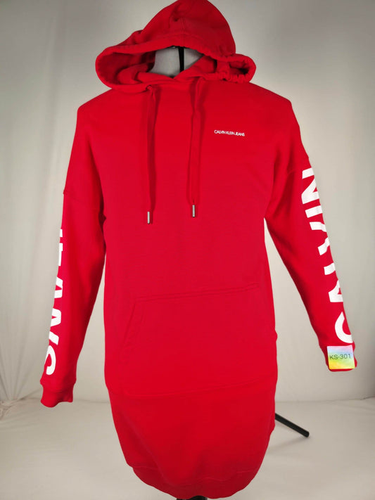 CALVIN KLEIN JEANS Red Hoodie Dress Sweatshirt Size XS 34 Premium Cotton Long