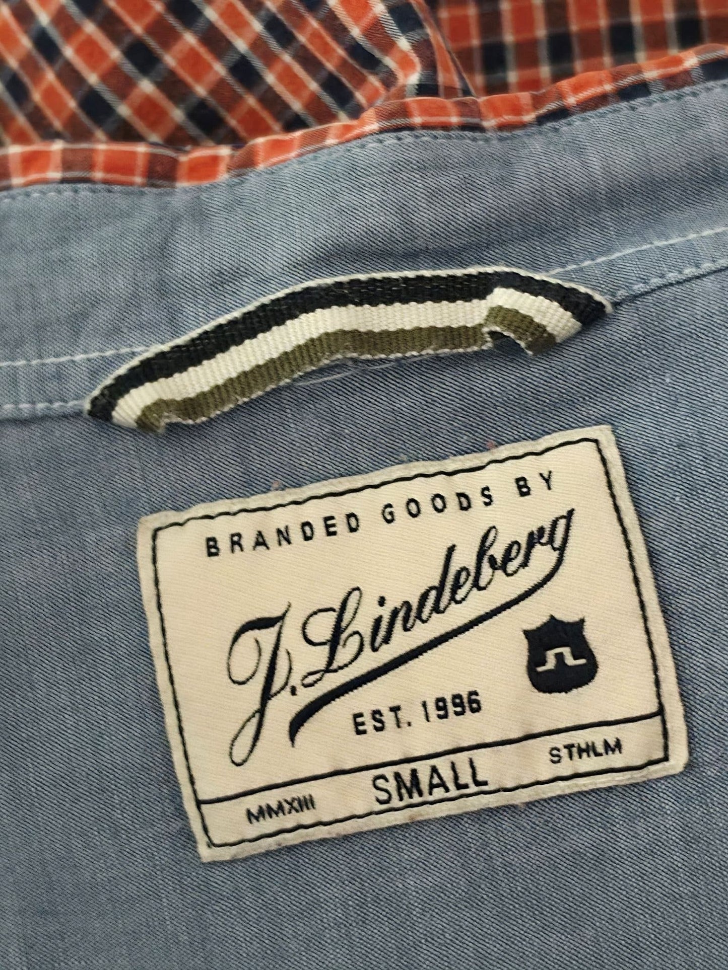 J.LINDEBERG Gingham Plaid Shirt Size S Orange Navy Blue Button-Down Premium