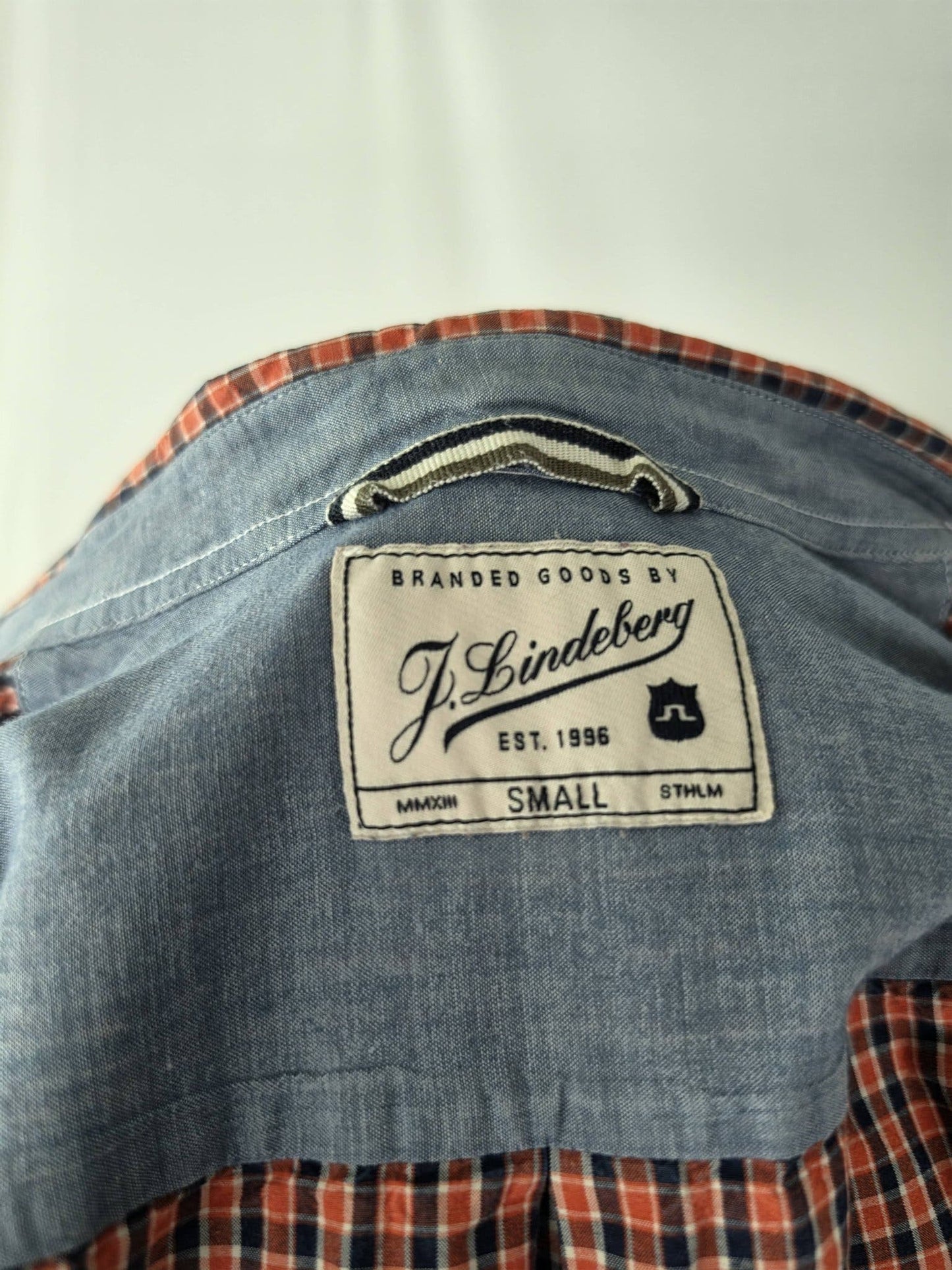 J.LINDEBERG Gingham Plaid Shirt Size S Orange Navy Blue Button-Down Premium