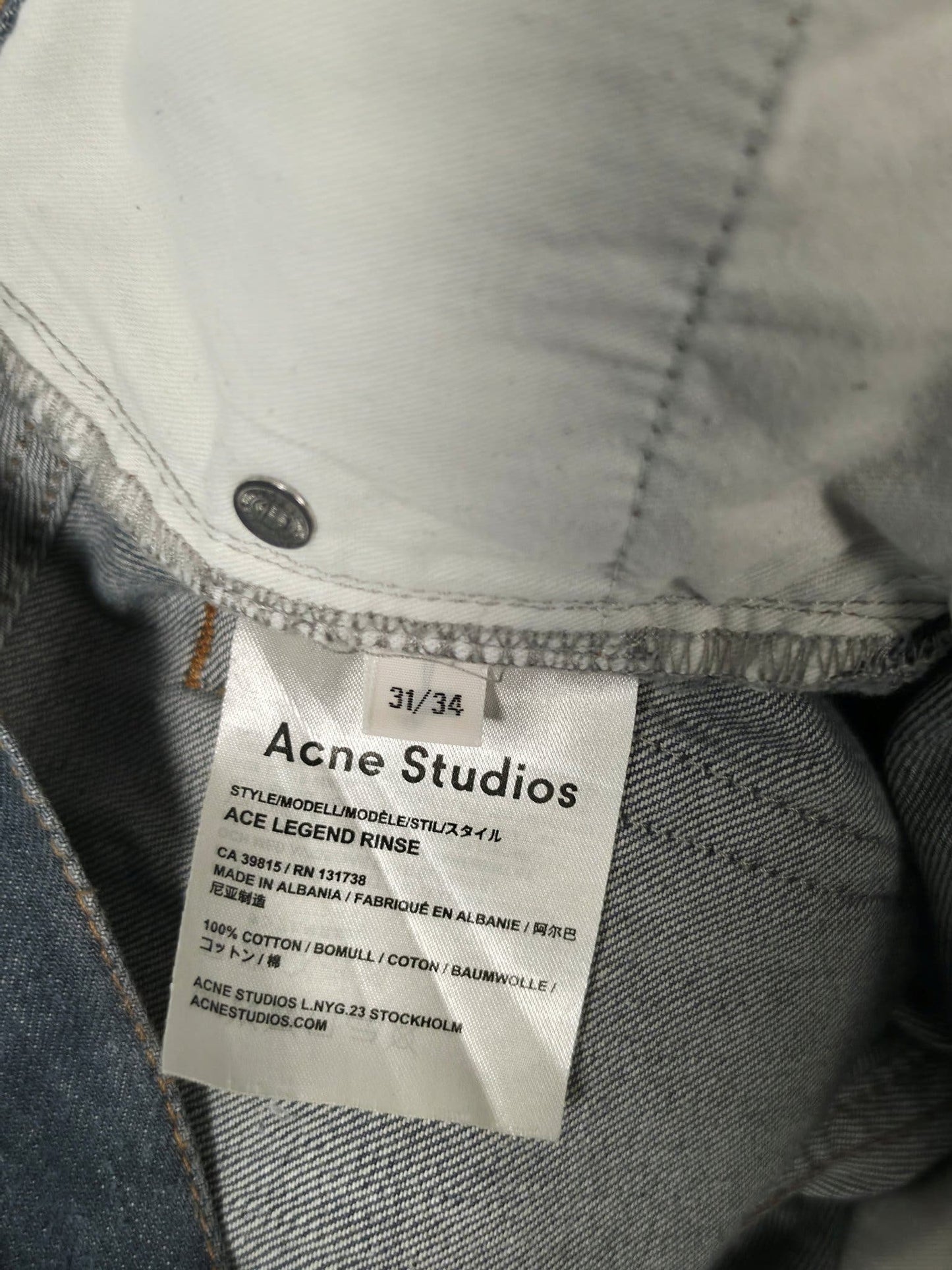 ACNE STUDIOS Ace Legend Rinse Jeans Size M 31/34 Blue Cotton Slim Dark Denim