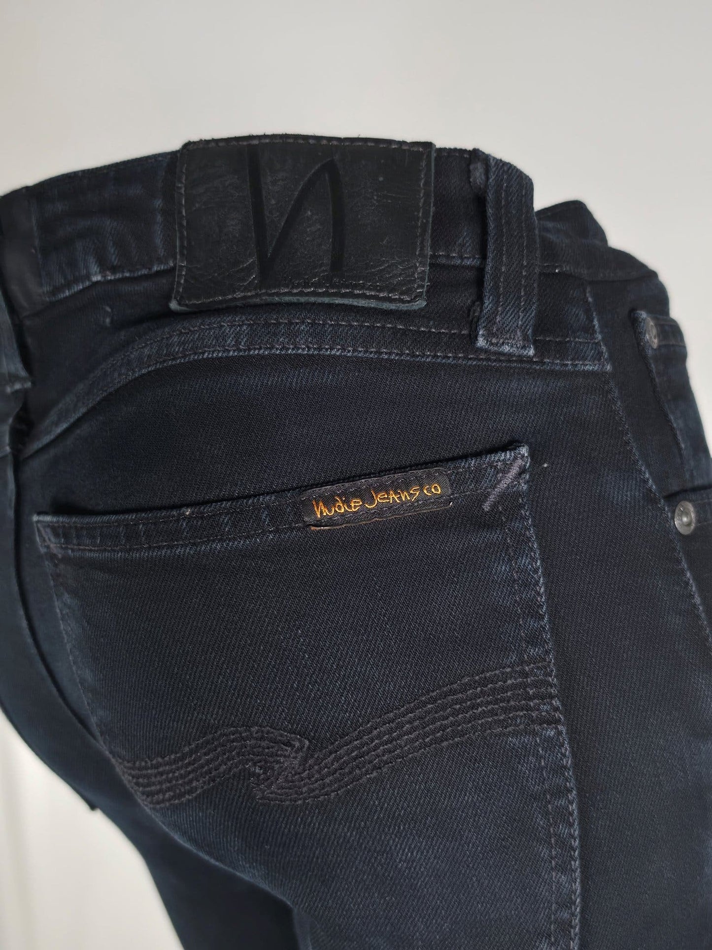 NUDIE JEANS Skinny Lin Black Black Denim Pants Size 27 Stretch Unisex Premium