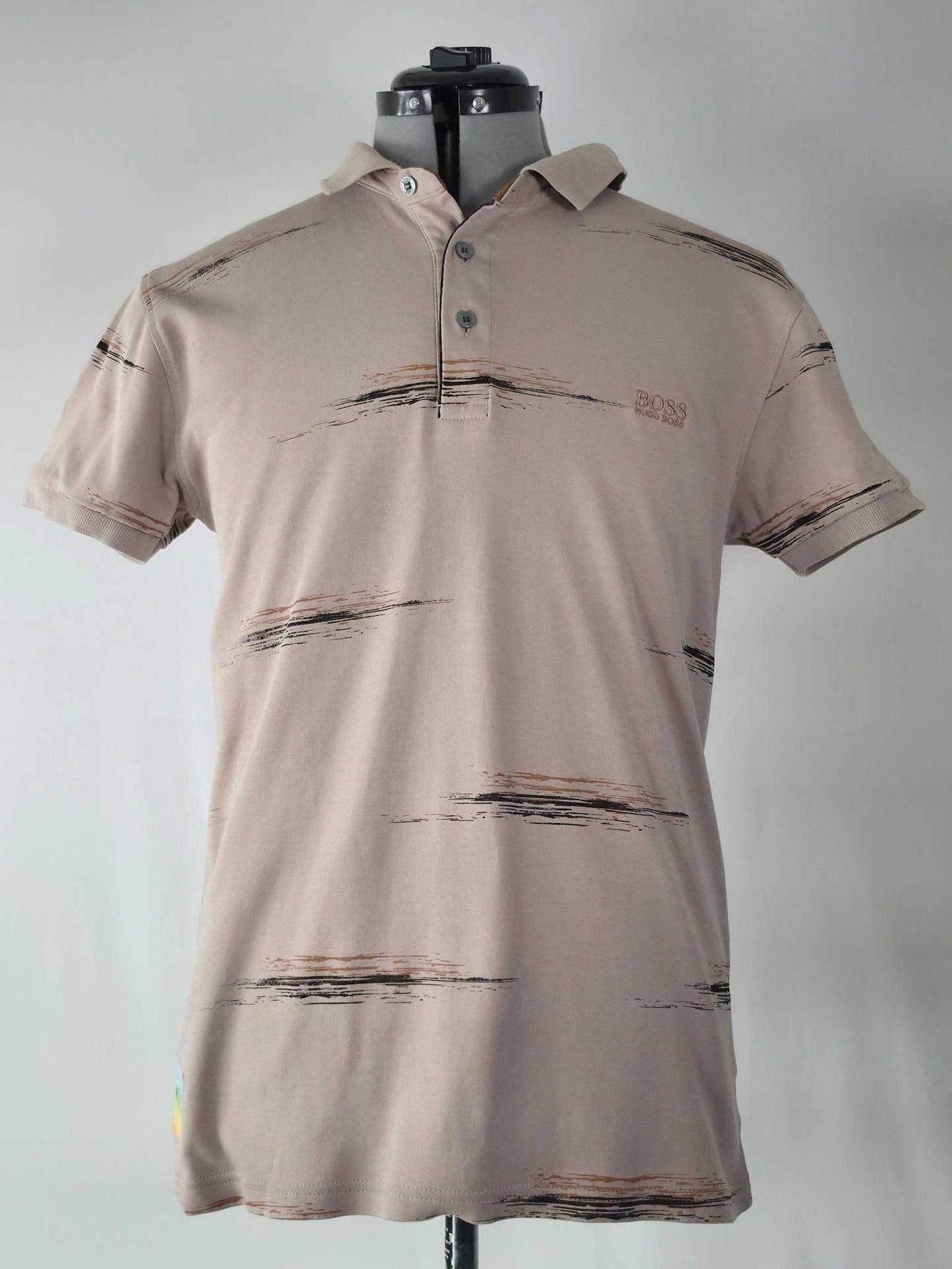 BOSS HUGO BOSS Poloshirt Größe L Beige Baumwolle Gemustert Kurzarm Vintage
