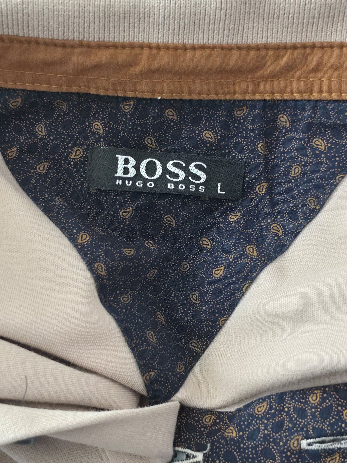 BOSS HUGO BOSS Poloshirt Größe L Beige Baumwolle Gemustert Kurzarm Vintage