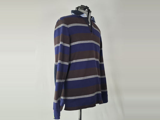 MASSIMO DUTTI Rugby Polo Shirt Size L 40 Striped Blue Brown White Cotton Premium