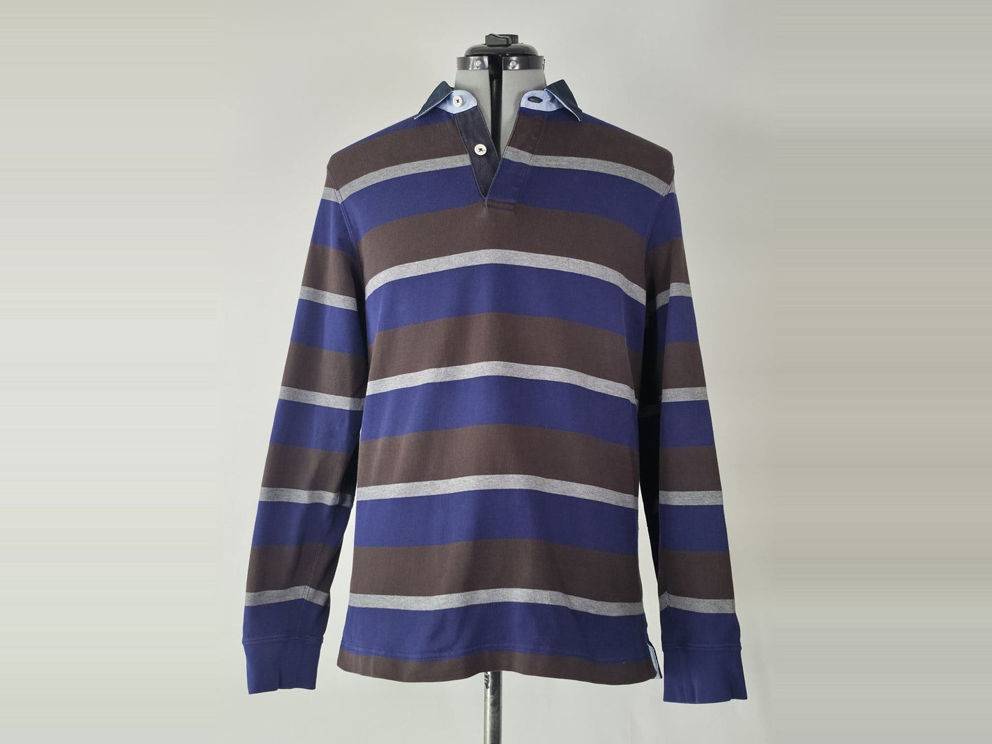 MASSIMO DUTTI Rugby Polo Shirt Size L 40 Striped Blue Brown White Cotton Premium