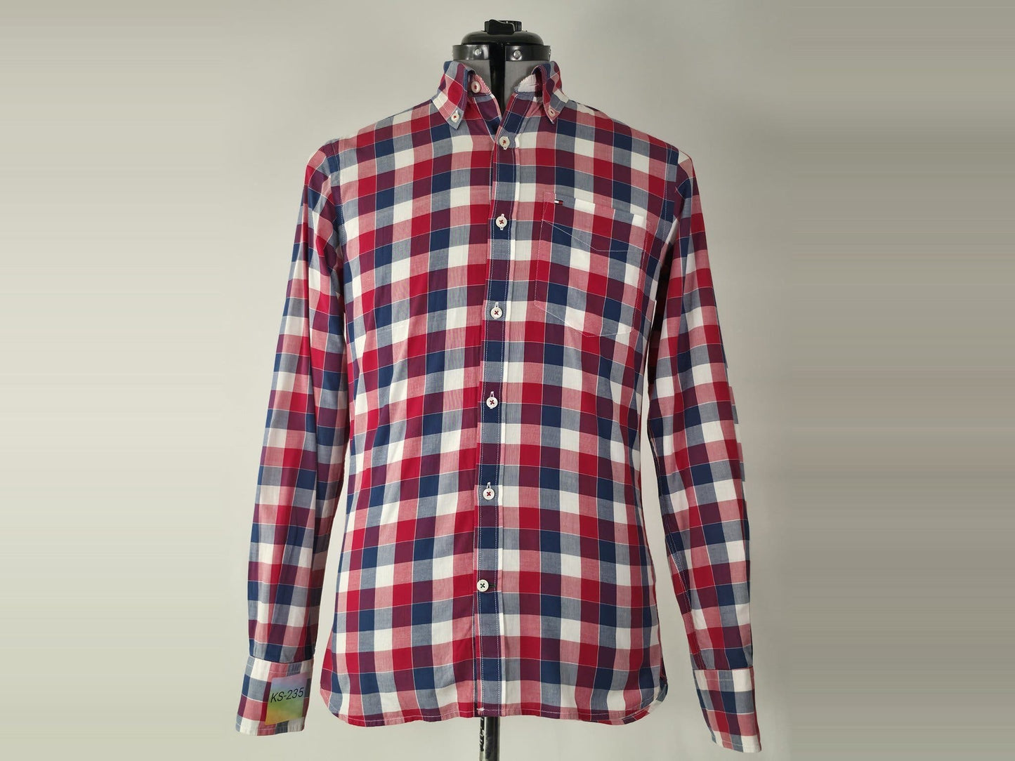 TOMMY HILFIGER Custom Fit Shirt Size XS Red Navy White Blue Plaid Check Cotton