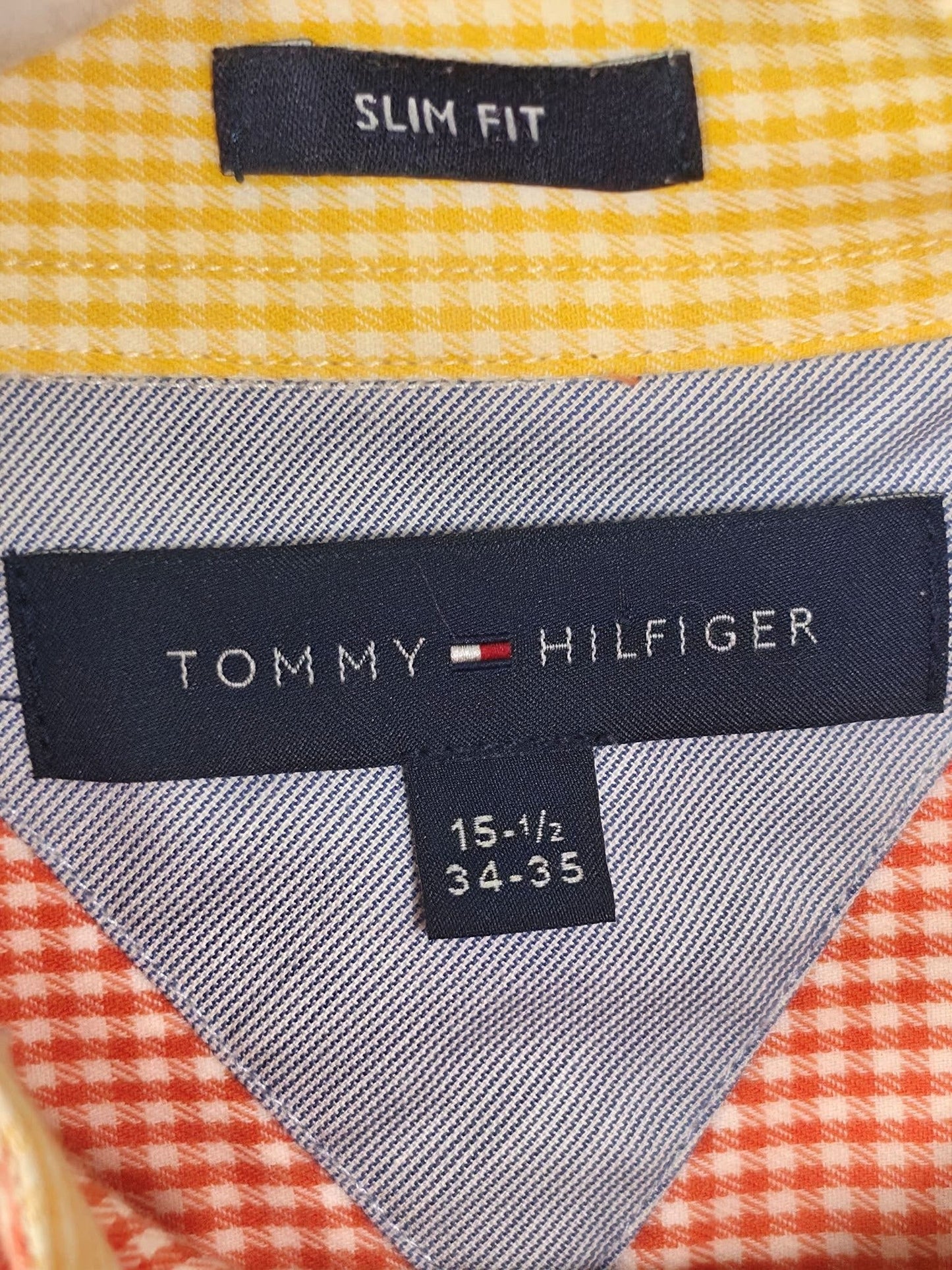 TOMMY HILFIGER Slim Fit Shirt Size 15.5 M Orange Checkered 100% Cotton Gingham