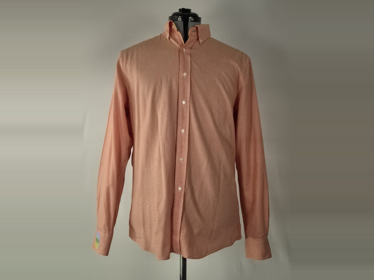 TOMMY HILFIGER Slim Fit Shirt Size 15.5 M Orange Checkered 100% Cotton Gingham