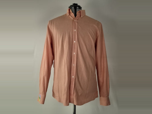 TOMMY HILFIGER Slim Fit Shirt Size 15.5 M Orange Checkered 100% Cotton Gingham