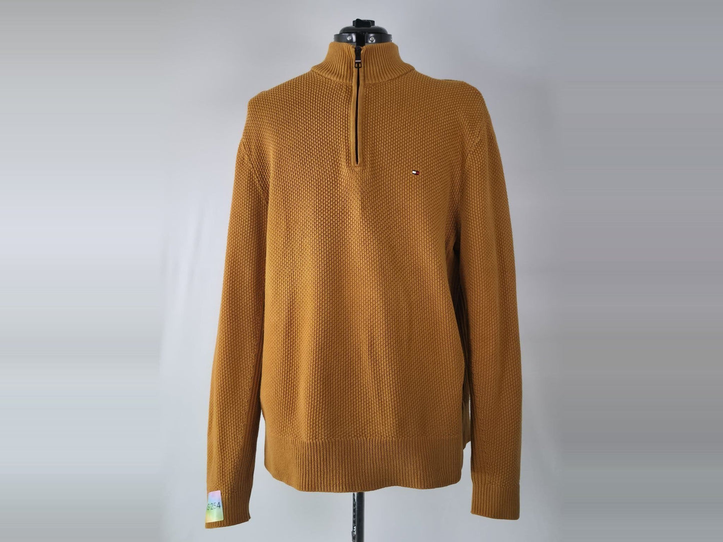 TOMMY HILFIGER Half Zip Sweater Size XL 54 Mustard Organic Cotton Knit Premium
