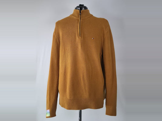 TOMMY HILFIGER Half Zip Sweater Size XL 54 Mustard Organic Cotton Knit Premium